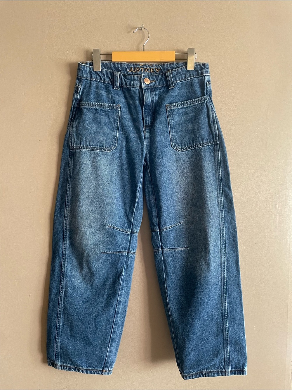 Justice Wide Leg Barrel Baggy Denim Jeans Front Patch Pockets – Size 16 Girl GUC
